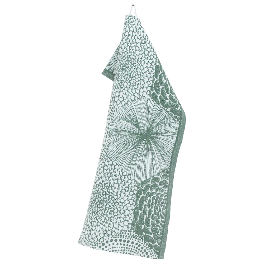 Kjøkkenhåndkle i bomull og lin. Blomstermønster i grønt og hvitt. Produsert i Finland. 48x70cm