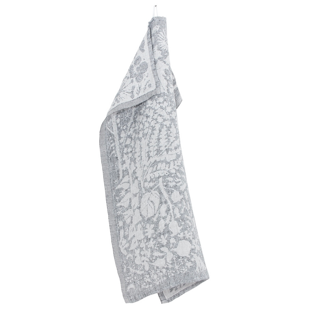 Grått kjøkkenhåndkle i 100% vasket miljøvennlig lin. Vevd mønster. Absorberende, tørker raskt. Produsert i Finland. 48x70cm